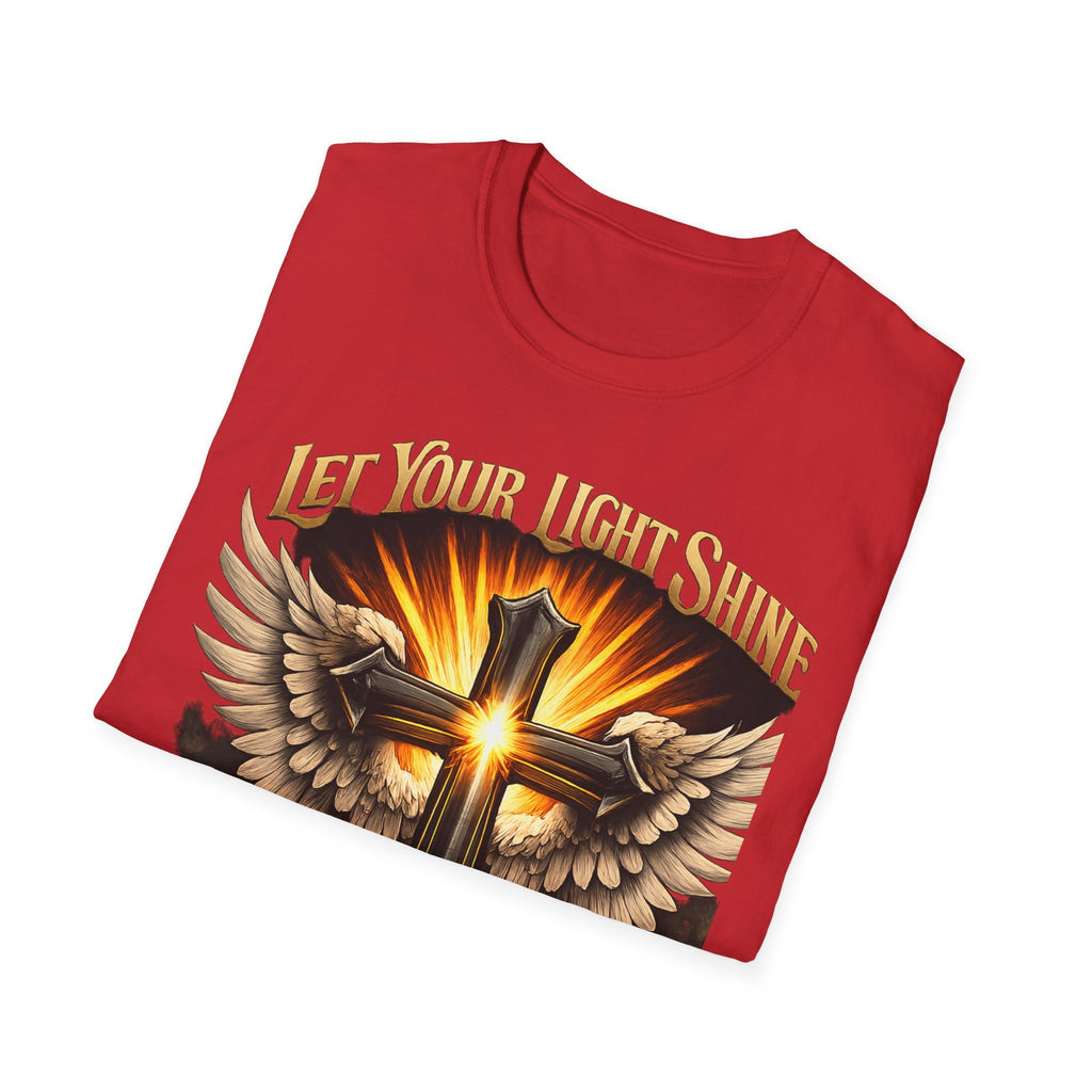 Matthew 5:16 Christian T-Shirt — "Let Your Light Shine" Cross & Wings Faith Tee