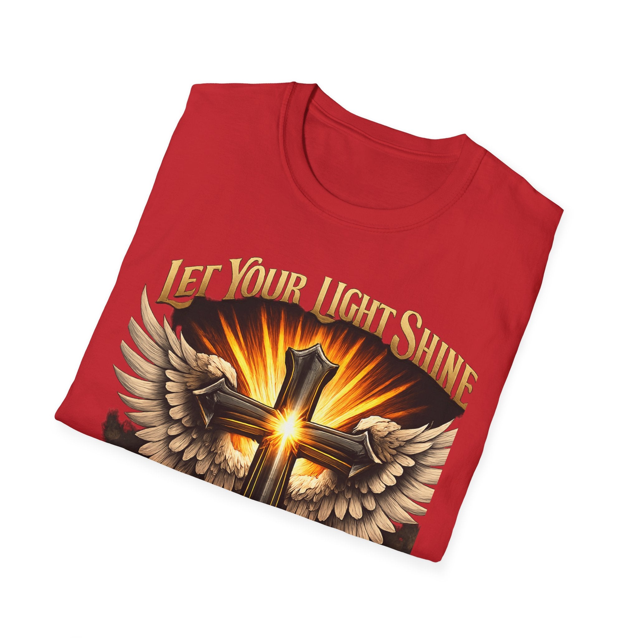 Matthew 5:16 Christian T-Shirt — "Let Your Light Shine" Cross & Wings Faith Tee