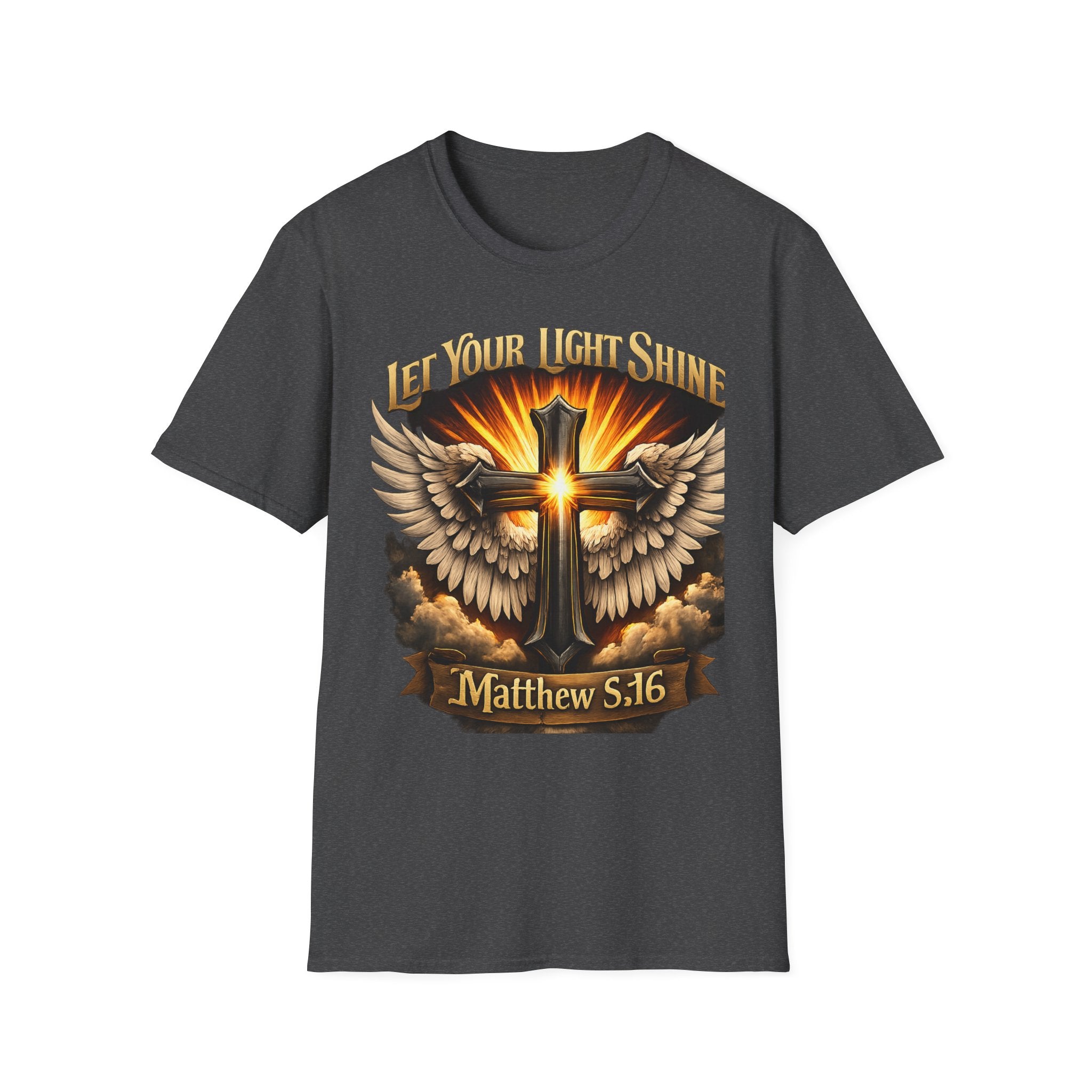 Matthew 5:16 Christian T-Shirt — "Let Your Light Shine" Cross & Wings Faith Tee
