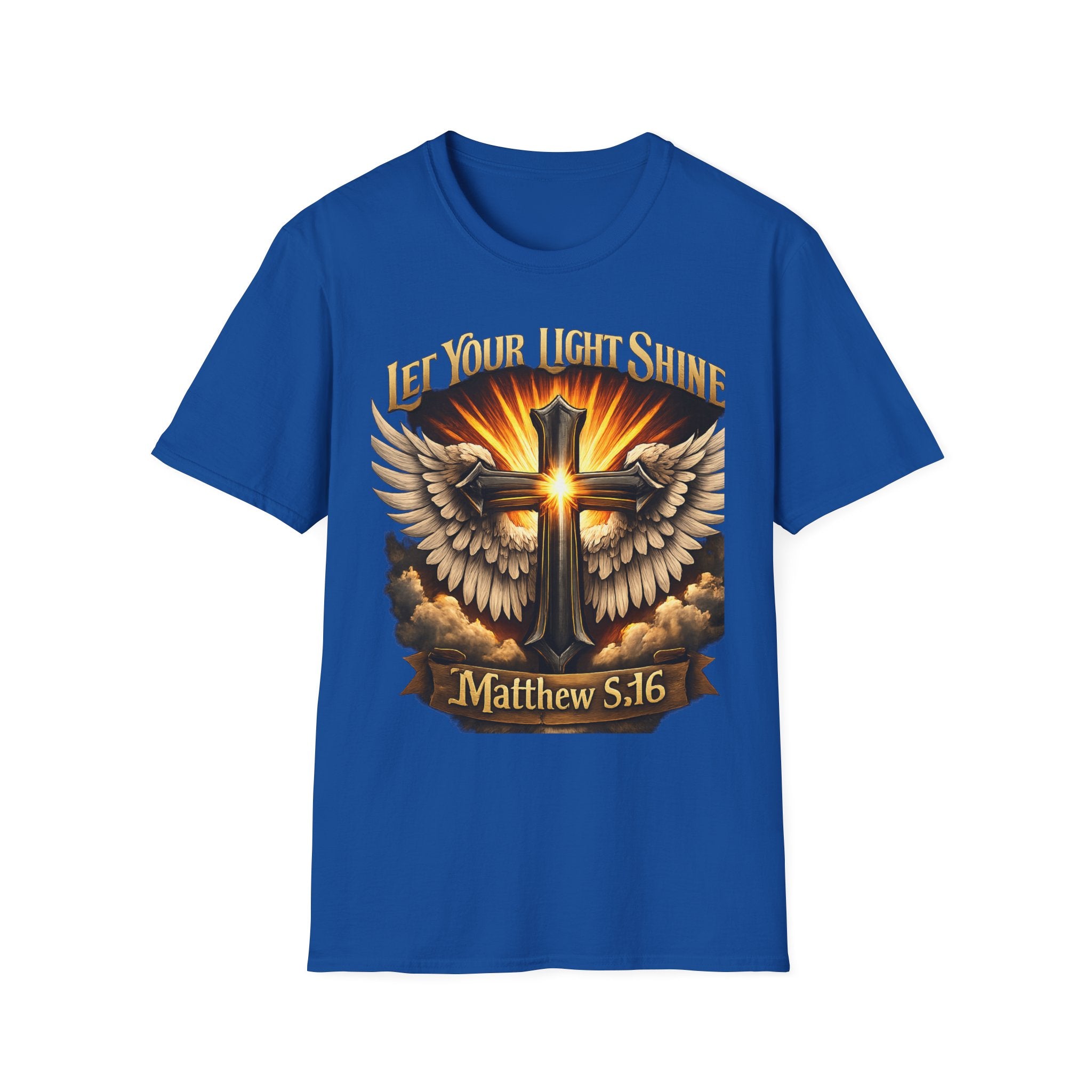 Matthew 5:16 Christian T-Shirt — "Let Your Light Shine" Cross & Wings Faith Tee