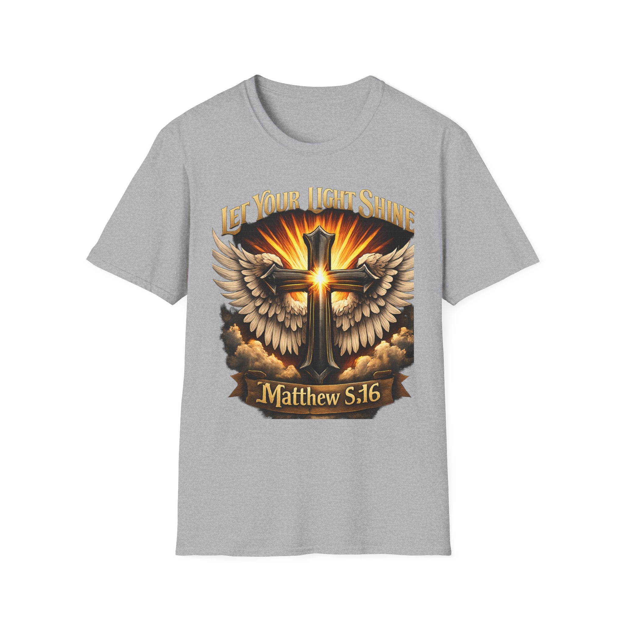 Matthew 5:16 Christian T-Shirt — "Let Your Light Shine" Cross & Wings Faith Tee