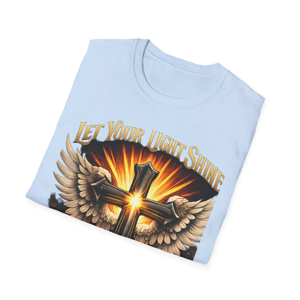 Matthew 5:16 Christian T-Shirt — "Let Your Light Shine" Cross & Wings Faith Tee
