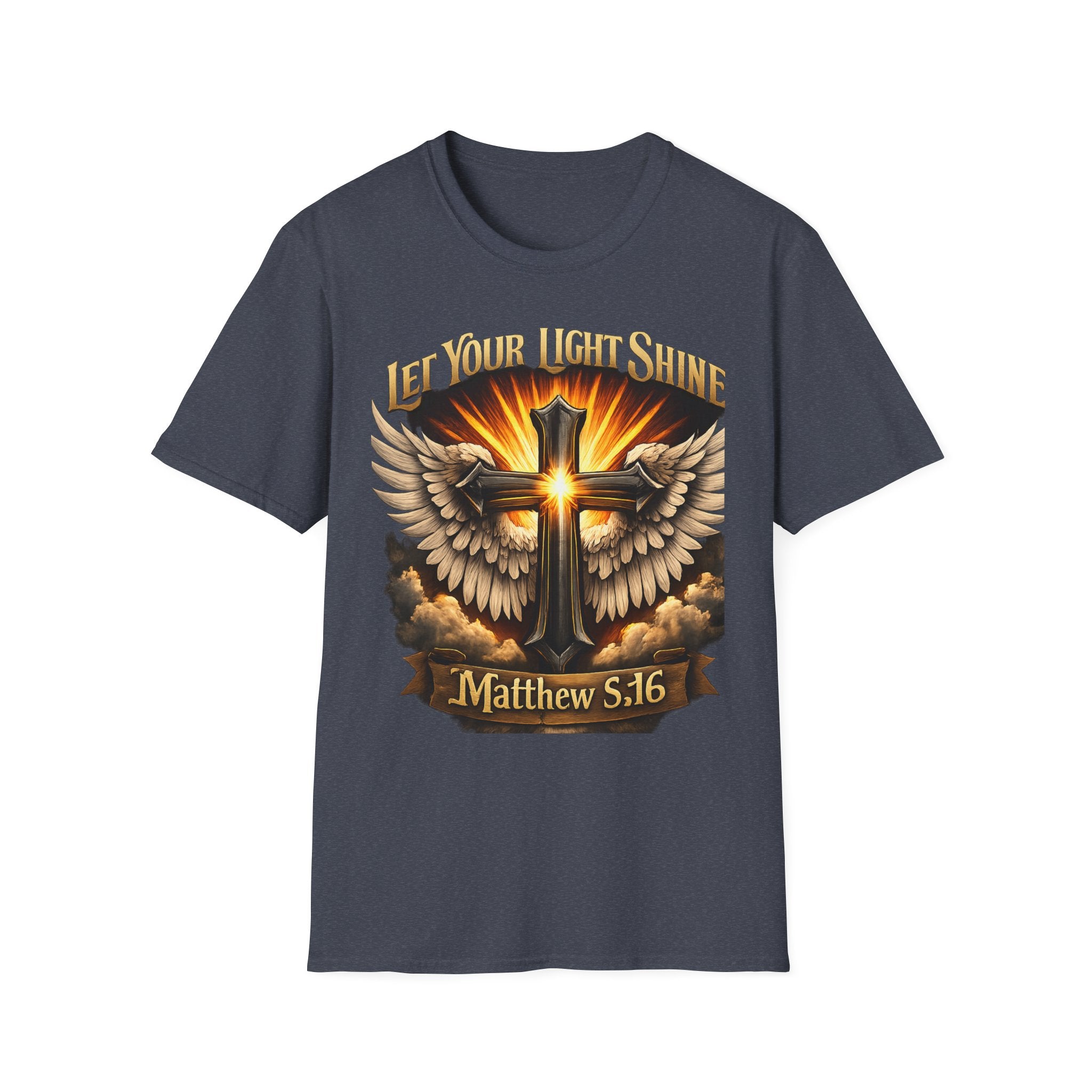 Matthew 5:16 Christian T-Shirt — "Let Your Light Shine" Cross & Wings Faith Tee