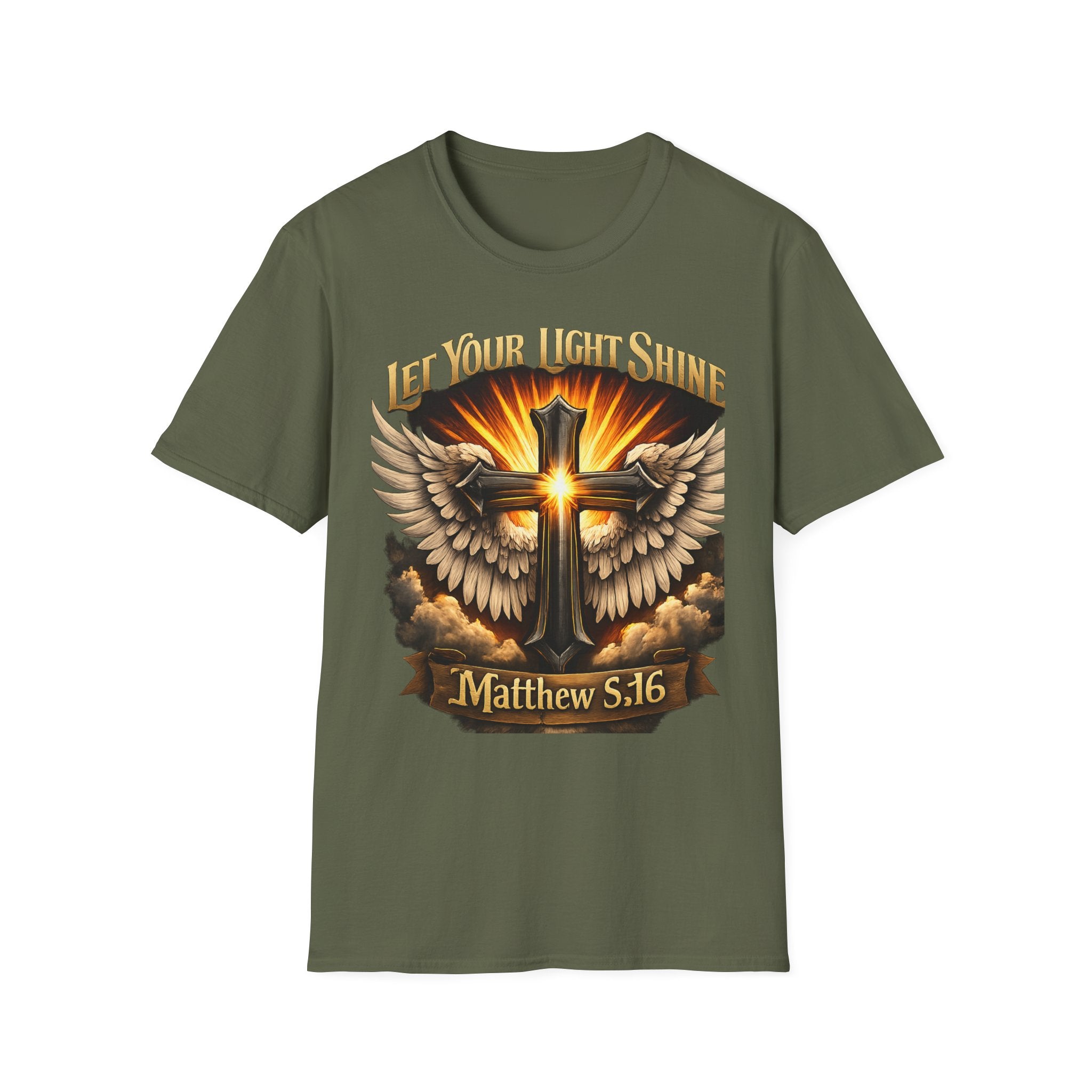 Matthew 5:16 Christian T-Shirt — "Let Your Light Shine" Cross & Wings Faith Tee