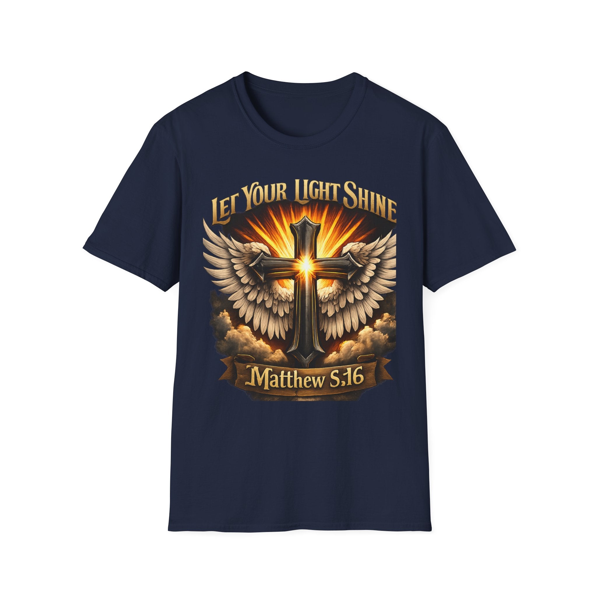 Matthew 5:16 Christian T-Shirt — "Let Your Light Shine" Cross & Wings Faith Tee