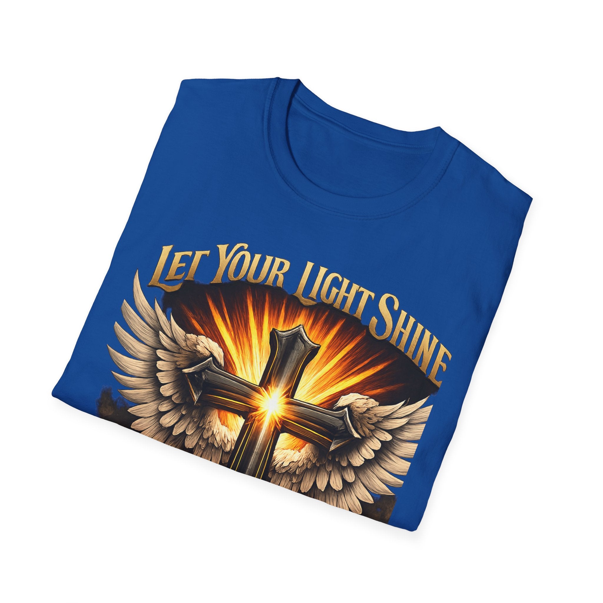 Matthew 5:16 Christian T-Shirt — "Let Your Light Shine" Cross & Wings Faith Tee