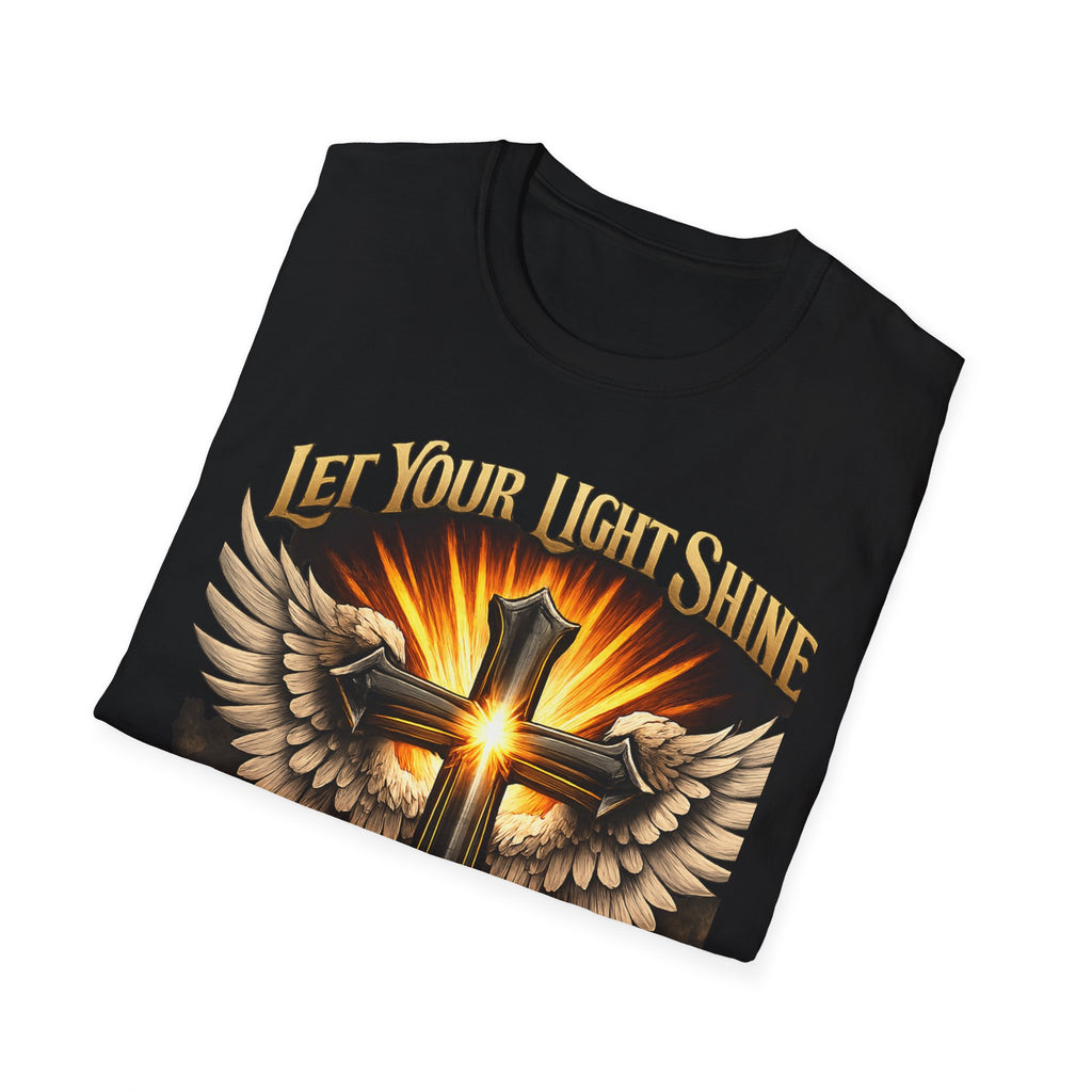 Matthew 5:16 Christian T-Shirt — "Let Your Light Shine" Cross & Wings Faith Tee