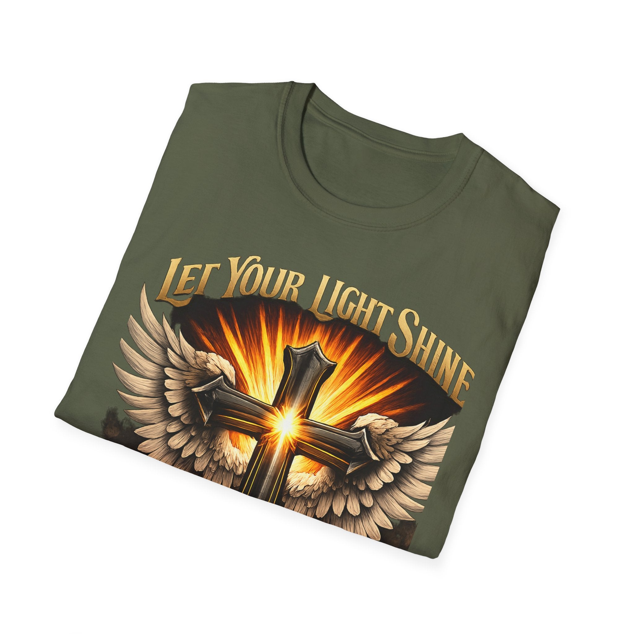 Matthew 5:16 Christian T-Shirt — "Let Your Light Shine" Cross & Wings Faith Tee