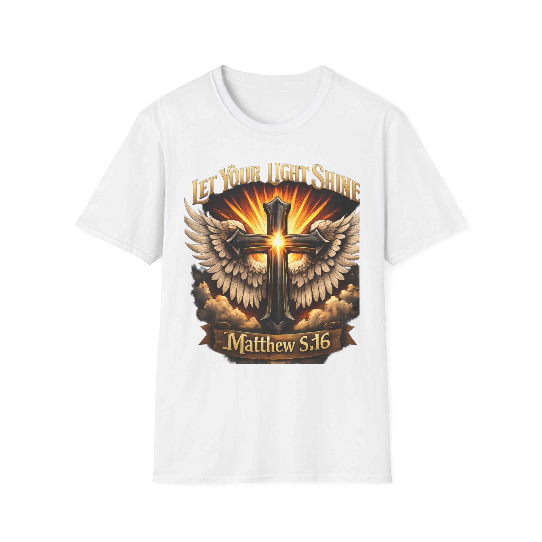 Matthew 5:16 Christian T-Shirt — "Let Your Light Shine" Cross & Wings Faith Tee