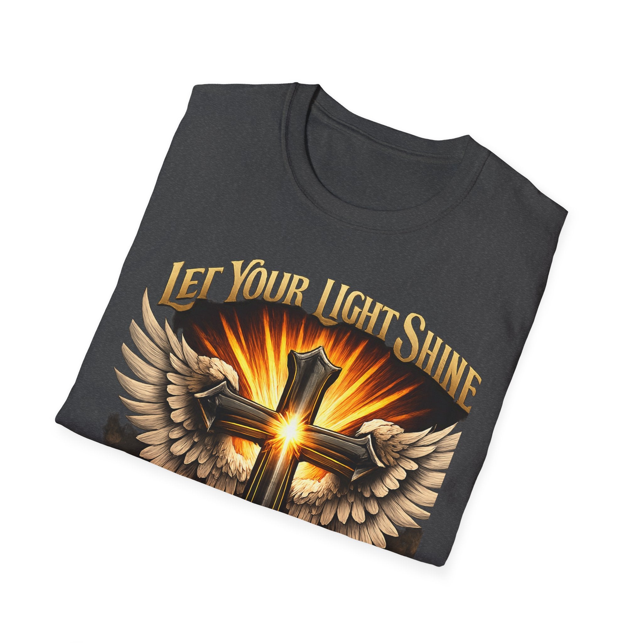 Matthew 5:16 Christian T-Shirt — "Let Your Light Shine" Cross & Wings Faith Tee