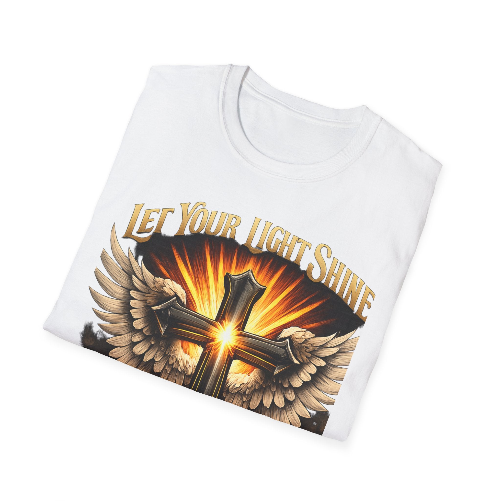 Matthew 5:16 Christian T-Shirt — "Let Your Light Shine" Cross & Wings Faith Tee