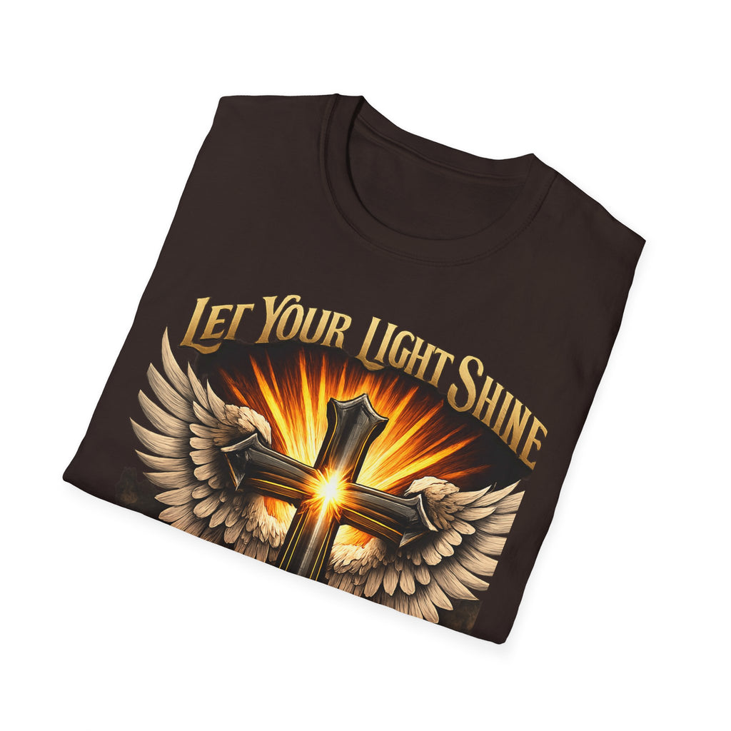 Matthew 5:16 Christian T-Shirt — "Let Your Light Shine" Cross & Wings Faith Tee