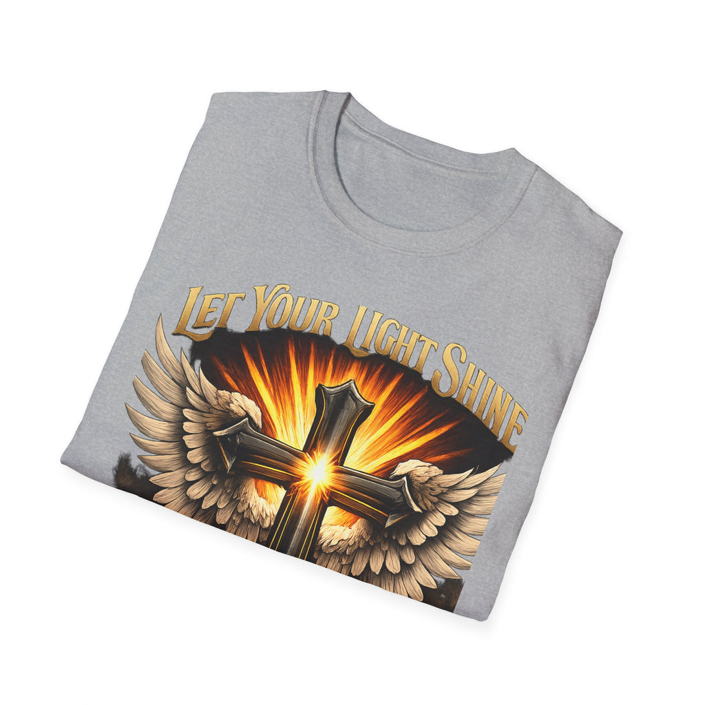 Matthew 5:16 Christian T-Shirt — "Let Your Light Shine" Cross & Wings Faith Tee