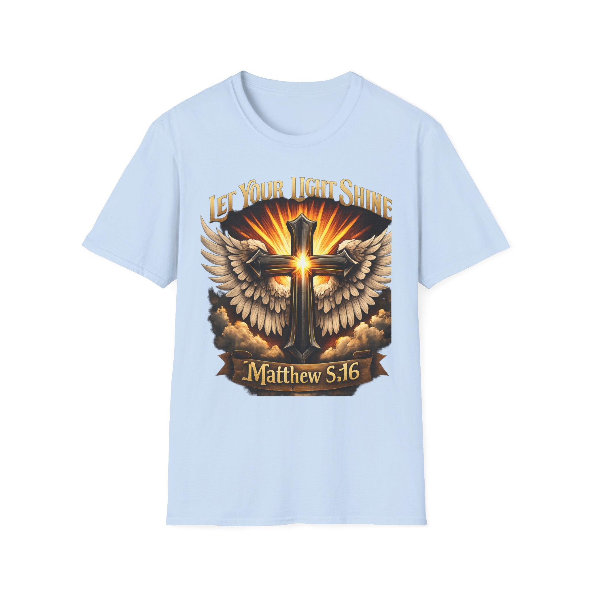 Matthew 5:16 Christian T-Shirt — "Let Your Light Shine" Cross & Wings Faith Tee