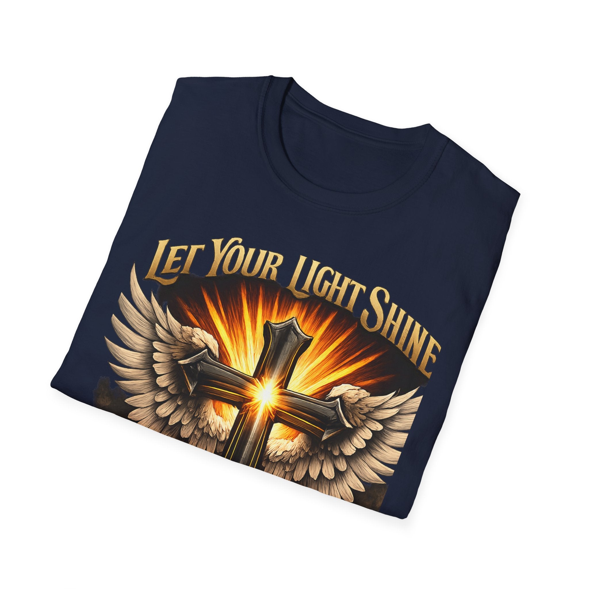 Matthew 5:16 Christian T-Shirt — "Let Your Light Shine" Cross & Wings Faith Tee